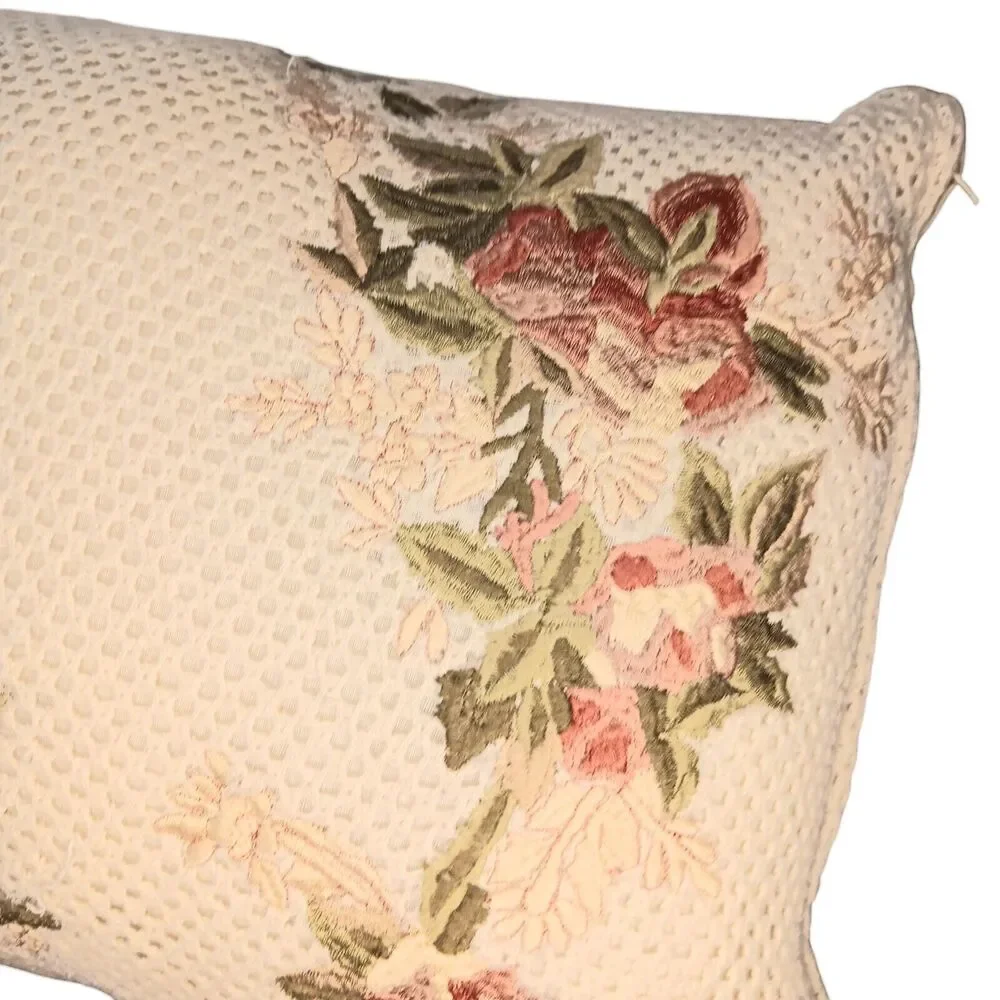Floral Embroidered Pillow Cream Pink Rust Green Cottagecore Rectangle 15
